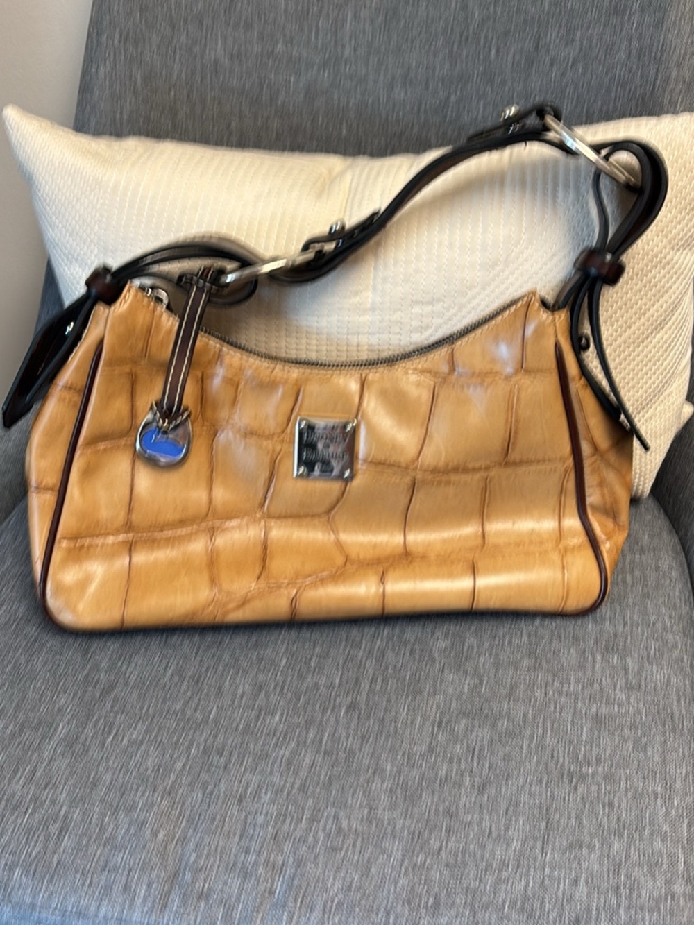 Dooney & Bourke Croc-Embossed Shoulder Bag in Tan with Black Strap
